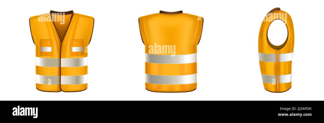 Giubbotto di sicurezza arancione con strisce riflettenti, uniforme per lavori di costruzione, conducenti e lavoratori stradali. Gilet 3D vettoriale realistico con riflettori AN Illustrazione Vettoriale
