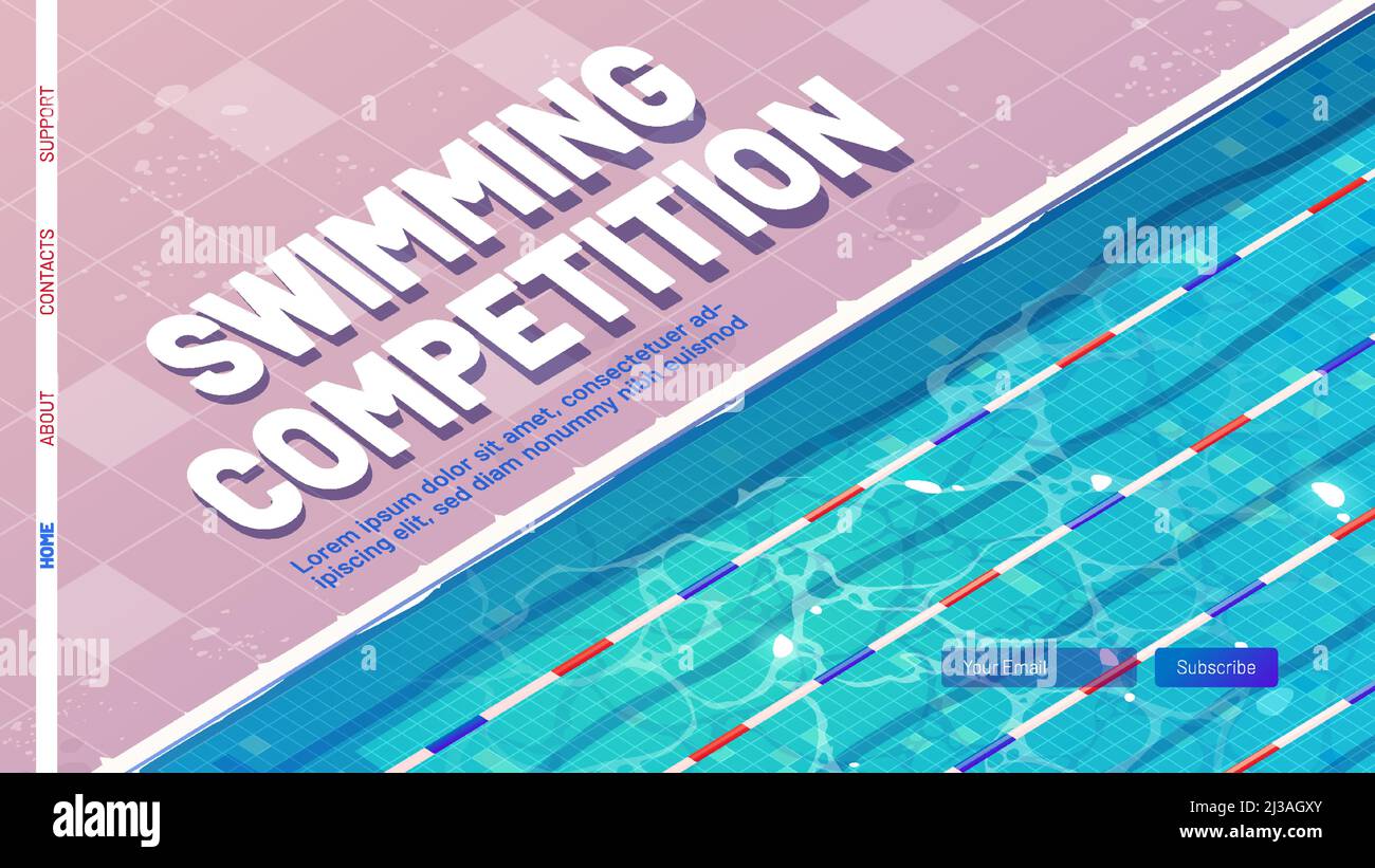 Concorso di nuoto cartoon landing page. Piscina sportiva, vista dall'alto con acqua blu strappata, pavimento in ceramica e corsie o sentieri per il bagno. Serbatoio vuoto per Illustrazione Vettoriale