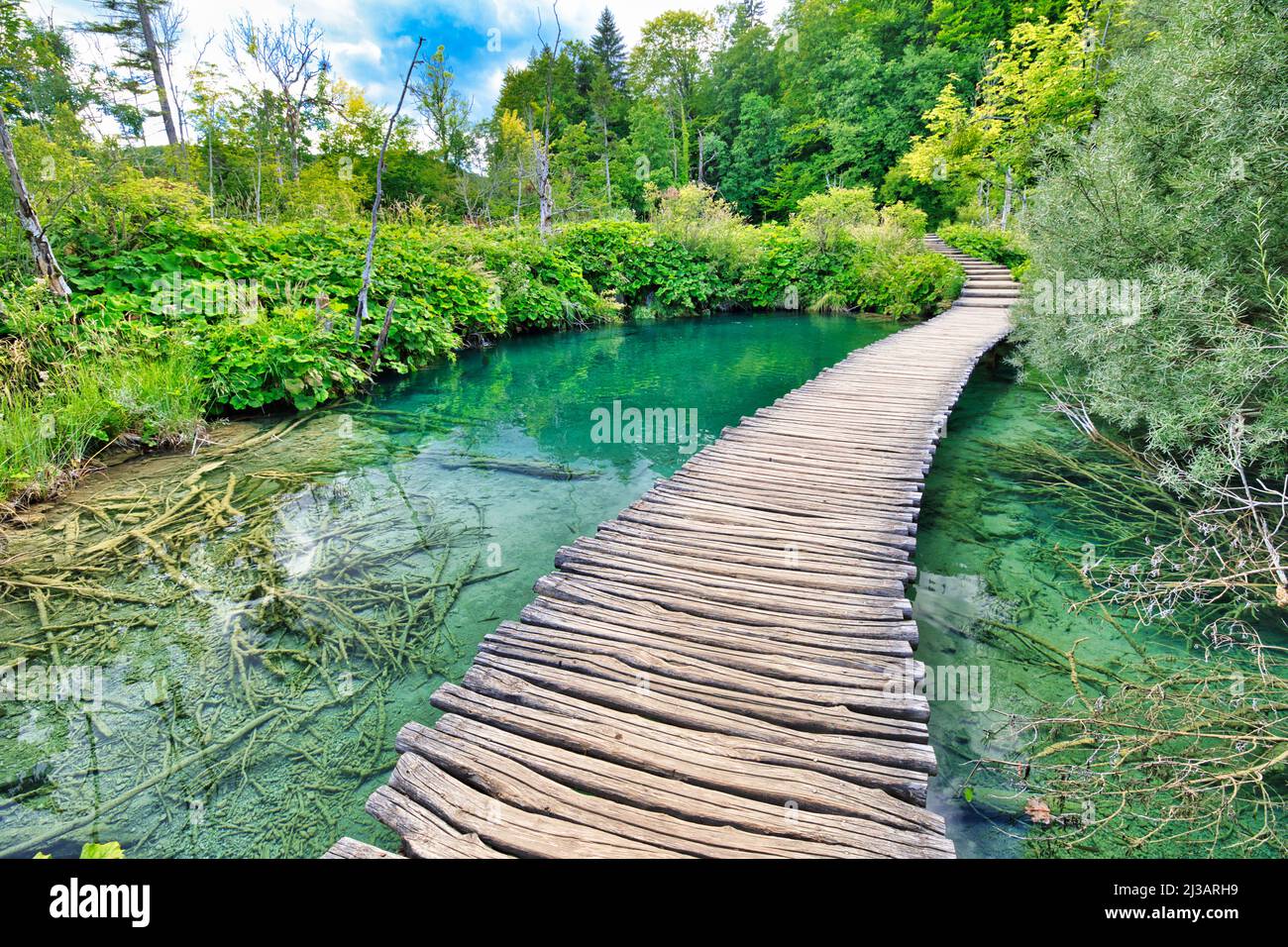 Molo del lago Gradinsko jezero nel Parco Nazionale dei Laghi di Plitvice in Croazia. Patrimonio mondiale dell'UNESCO della Croazia, Plitvicka Jezera, nella regione di Lika Foto Stock