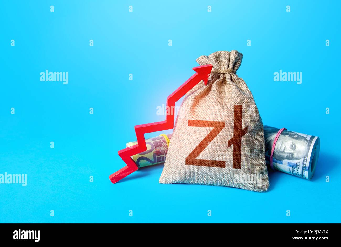 Borsa di denaro zloty polacca e freccia rossa verso l'alto. Aumento dei profitti, tasse di bilancio. Aumento del tasso di deposito. Aumentare il reddito e l'efficienza aziendale. Inflatio Foto Stock