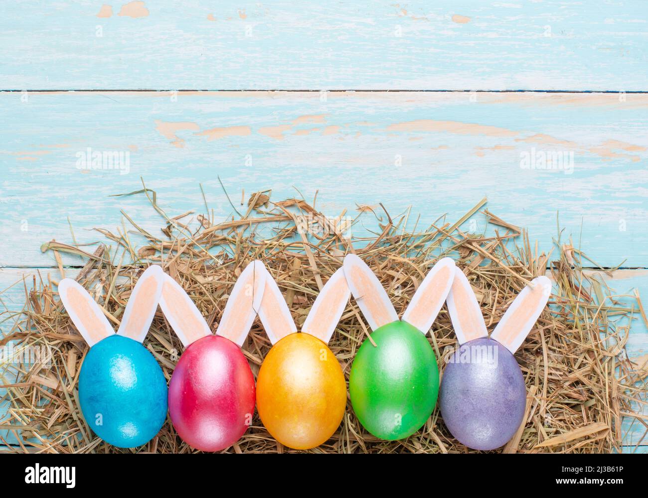 Uova di Pasqua multicolore e orecchie di coniglio. Disposizione piatta Foto Stock