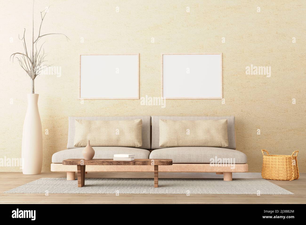 Due poster orizzontali in stile neutro soggiorno interno con divano basso, caraffa in ceramica, tavolo laterale, cestino in vimini e libri su cemento vuoto Foto Stock