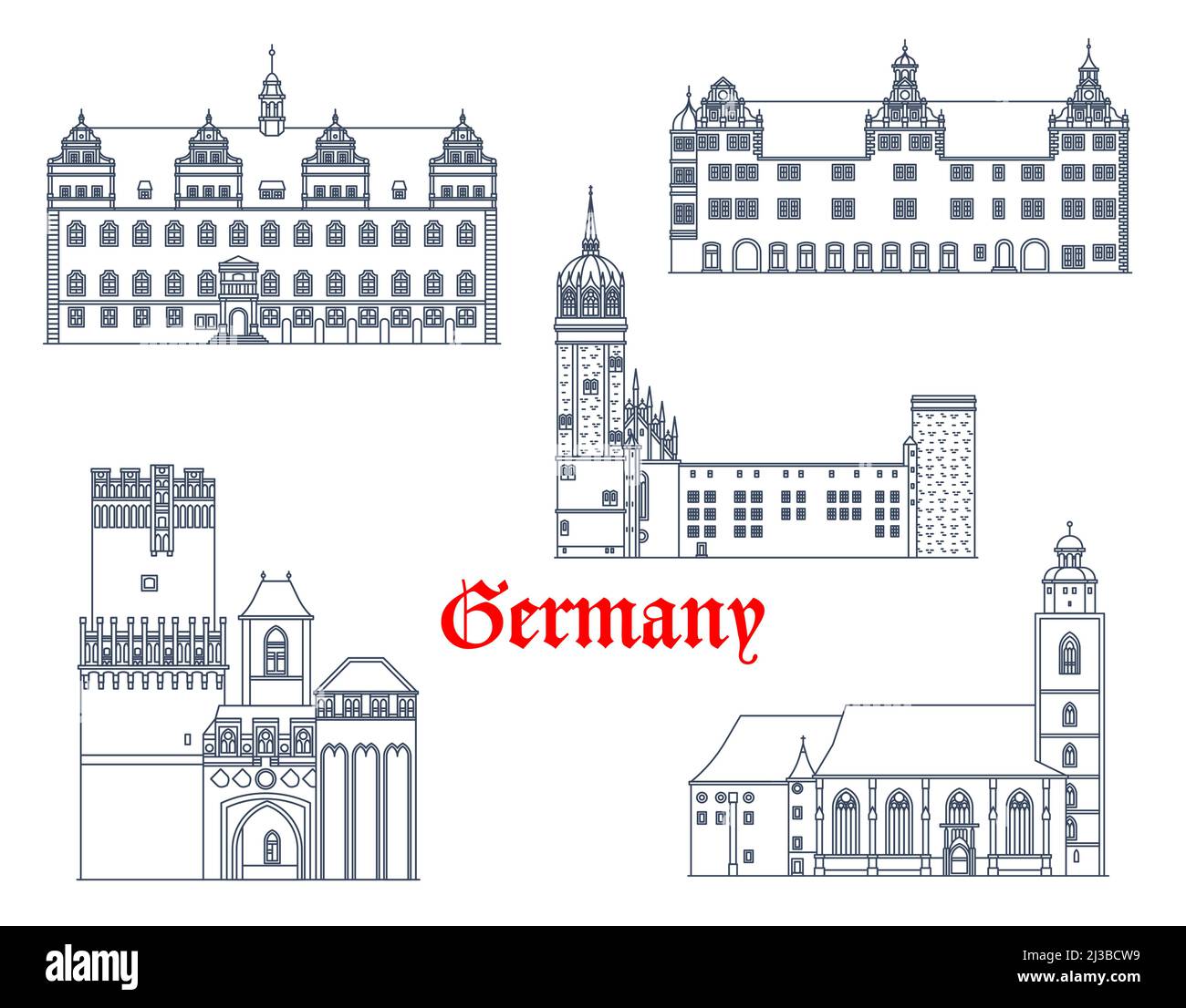 Germania edifici di Lutherstadt Wittenberg, Torgau e Tangermunde, architettura vettoriale. Monumenti tedeschi della Chiesa di Santa Maria o Marienkirche, Schlosskirche o la chiesa del castello e le porte di Neustadter Tor Illustrazione Vettoriale