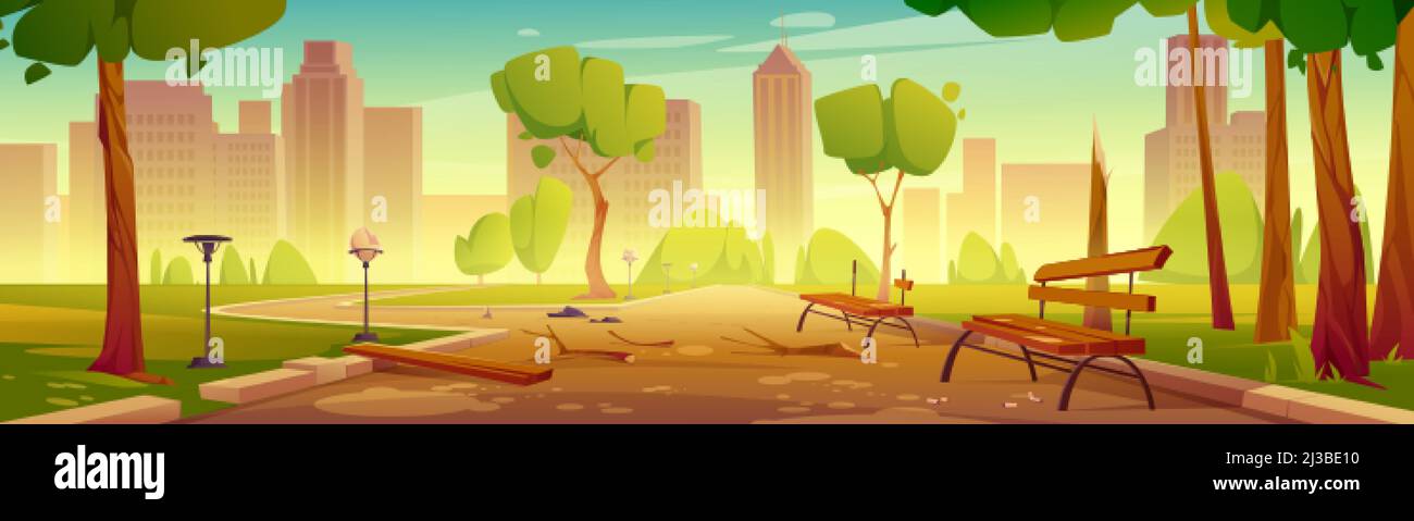 Distrutto parco cittadino con panchine rotte, asfalto schiacciato percorso e lampioni di strada frantumato. Abbandonato giardino urbano vista prospettica sul paesaggio urbano backgro Illustrazione Vettoriale