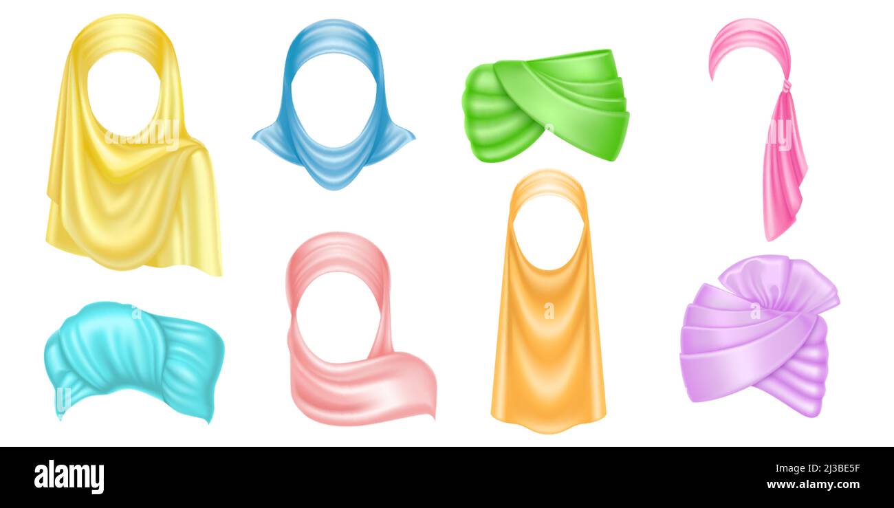 Torbani colorati e fiabe, ricovero indiano e arabo per donna. Vettore realistico set di tortuosi foulard, pagdi, musulmano tradizionale e islam fema Illustrazione Vettoriale