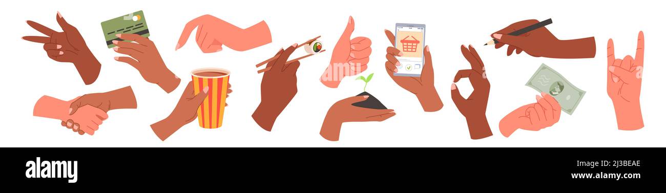 Mani umane con diversi segnali, gesti e pose set, persona che tiene oggetti Illustrazione Vettoriale