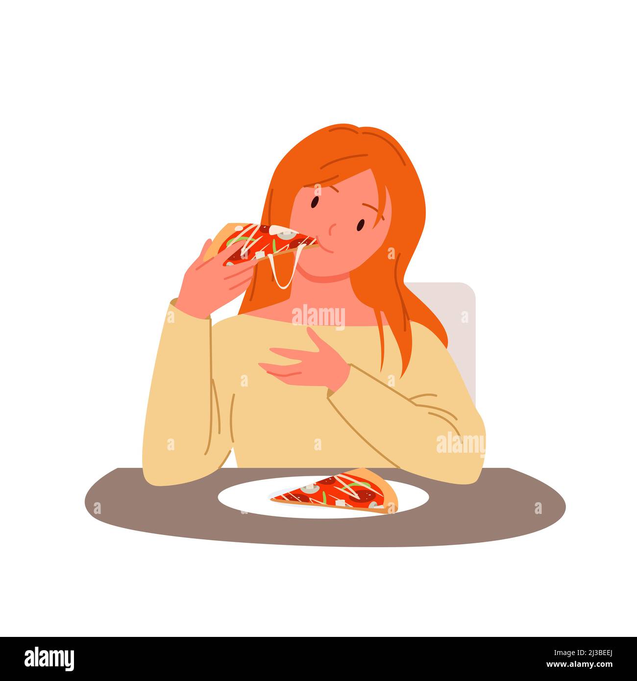 Donna che mangia pizza, ragazza felice pranzo, studentessa seduta al tavolo da caffè per mangiare Illustrazione Vettoriale