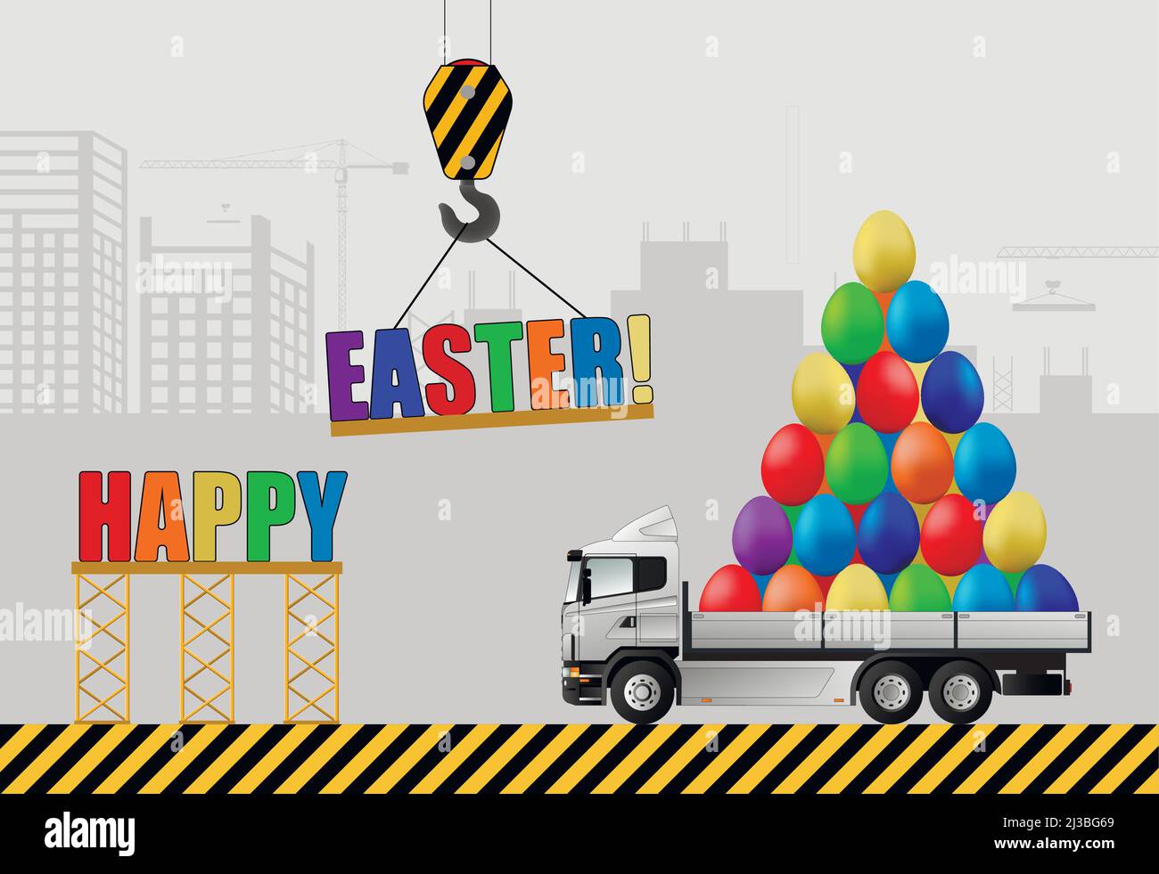 Felice pasqua concetto. Installazione dell'iscrizione Pasqua felice sullo sfondo di un cantiere e di un camion con colorate uova di Pasqua. VEC Illustrazione Vettoriale