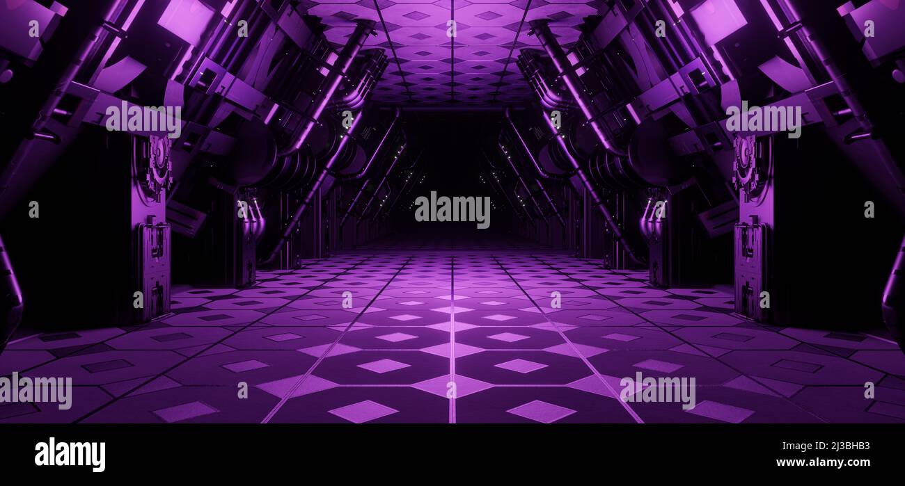 Alien SciFi Corridor Hangar Basement sotterraneo corridoio avanzato Violet colori sfondo sfondo sfondo Interdimensionale usato per Clubs 3D Illustrazione Foto Stock