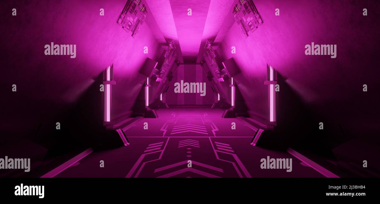 Corridoio extraterrestre Hangar seminterrato corridoio sotterraneo calcestruzzo solido metallico Viola rosa colori Sci Fi sfondo surreale futuro Foto Stock