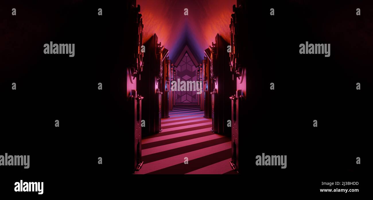 Sfondo scenografico vuoto. Sfondo futuristico scuro di stanza vuota, luce rossa neon, pavimento avanzato. 3D rendering Foto Stock