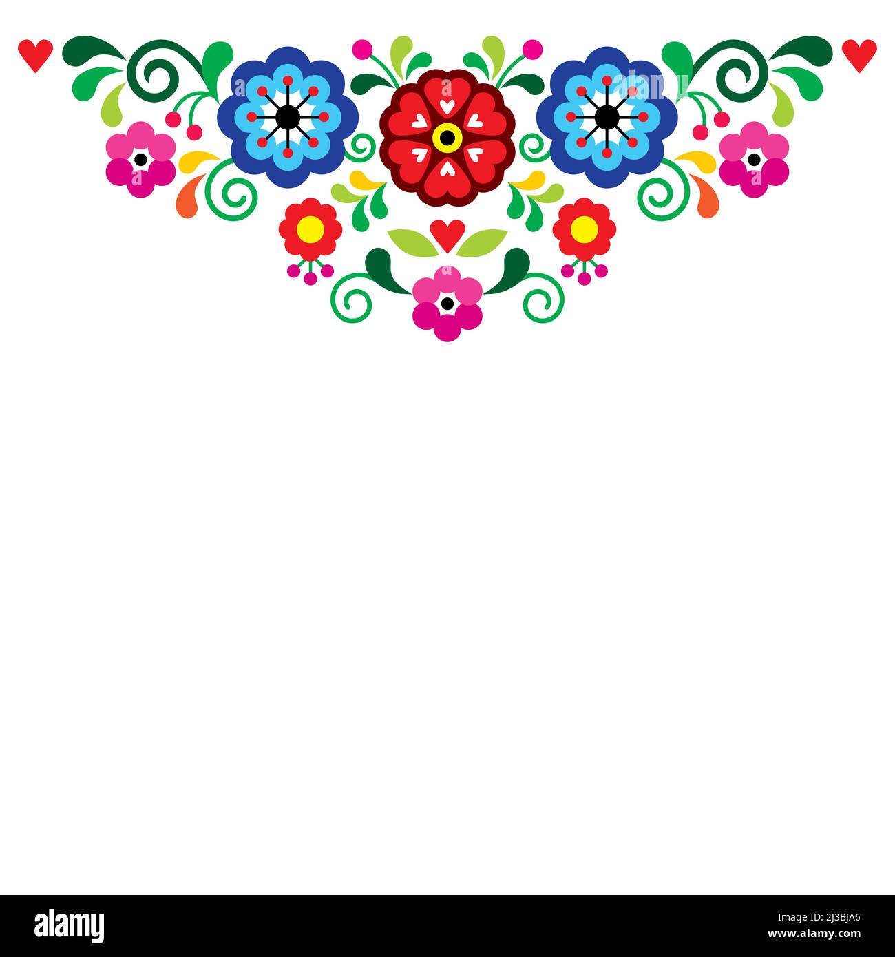Tradizionale ricamo messicano stile vettoriale biglietto d'auguri o matrimonio invito design, retro top pattern set con fiori foglie e cuori Illustrazione Vettoriale