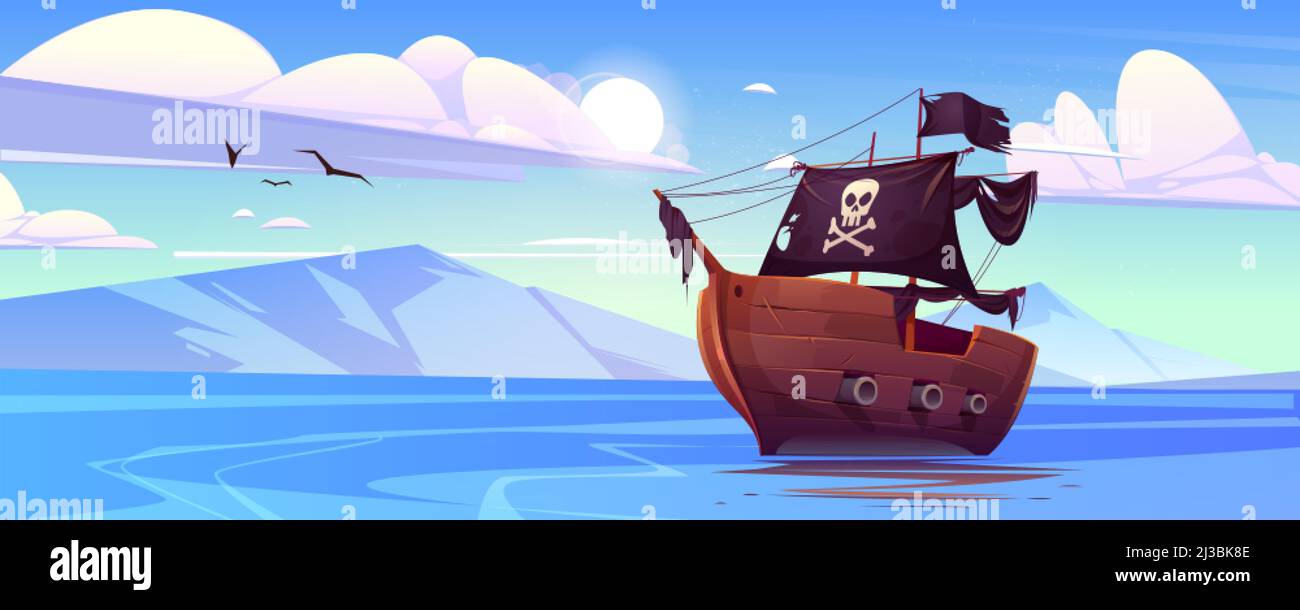 Nave pirata con vele nere e bandiera con cranio e ossa incrociate in mare. Vettore cartoon paesaggio di lago con montagne all'orizzonte. Stagcape con vecchio Illustrazione Vettoriale