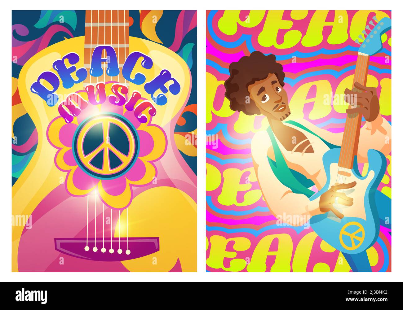 Manifesti di musica di pace con il segno hippie e l'uomo con la chitarra. Woodstock festival stile. Volantini vettoriali con motivi psichedelici cartoni animati. Musica retrò del 60 Illustrazione Vettoriale