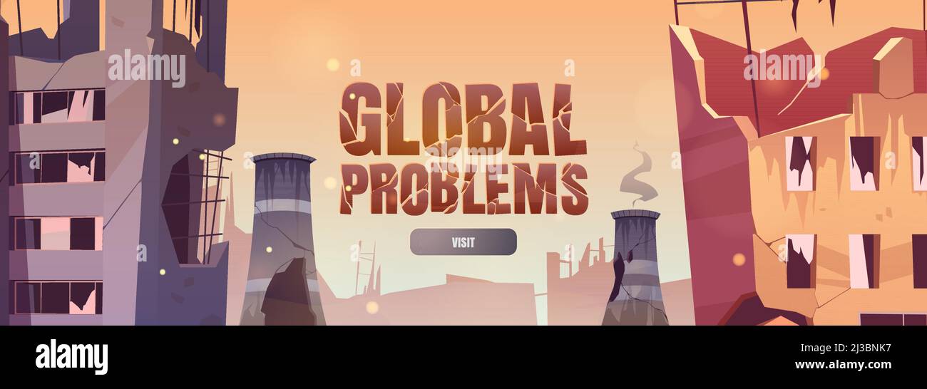 Global Problems cartoon web banner, salvare il pianeta concetto, città distrutta, guerra, edifici abbandonati e tubi di fabbrica con fumo. Distruzione, Europa Illustrazione Vettoriale