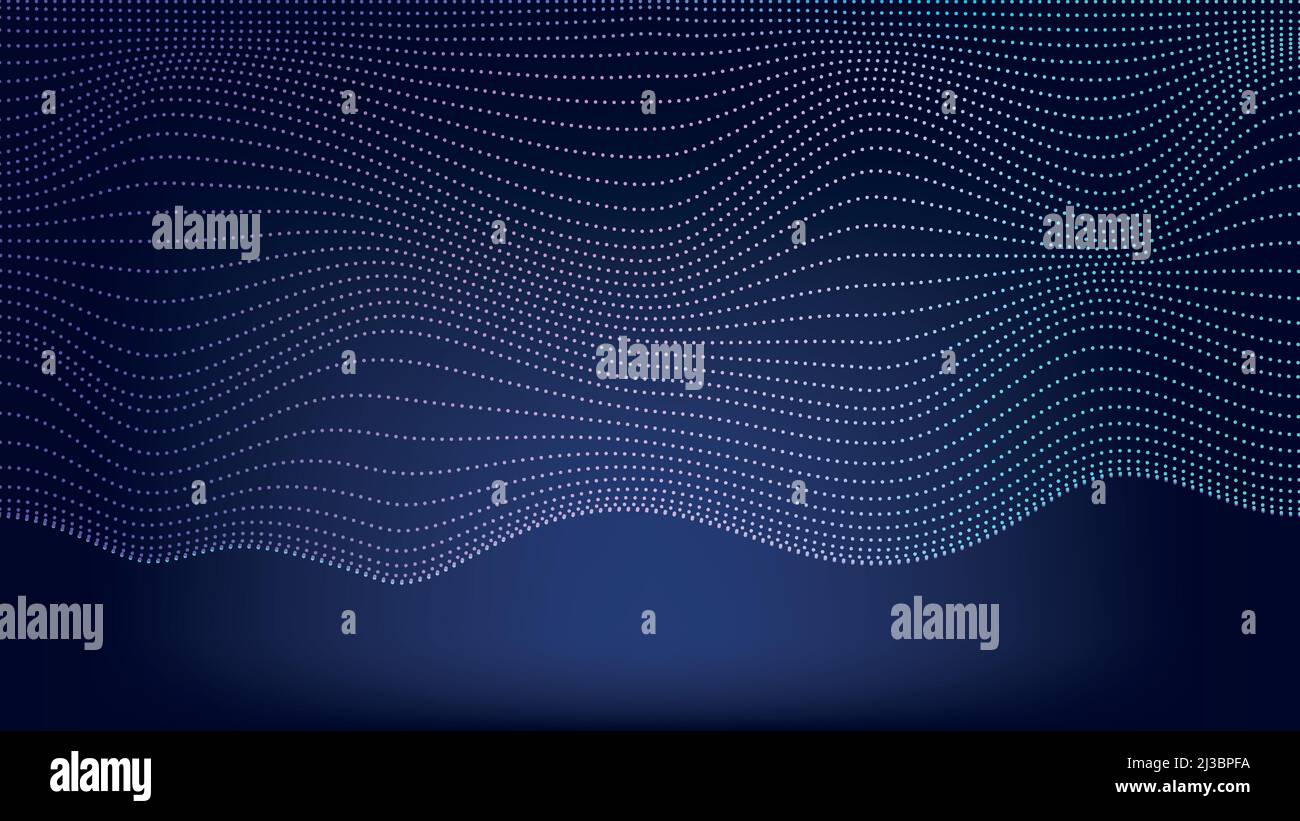 Carta da parati liscia ondulata con curve sfumate dagli atomi al buio. 3d spazio dalle linee tratteggiate Illustrazione Vettoriale