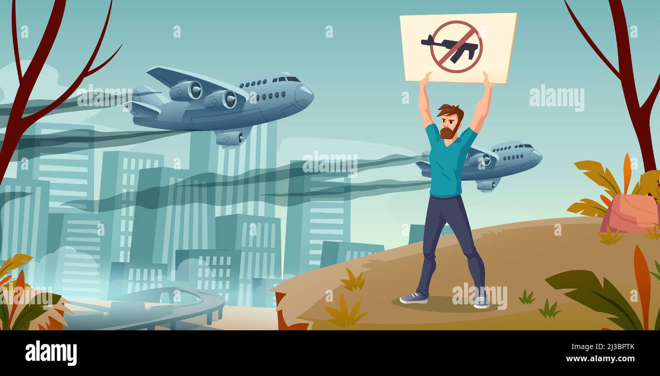 Salvare il concetto del mondo, uomo con bandiera a pistola incrociata stand alone su sfondo urbano con aerei militari che volano in cielo stellato, rivolta contro la guerra, Illustrazione Vettoriale