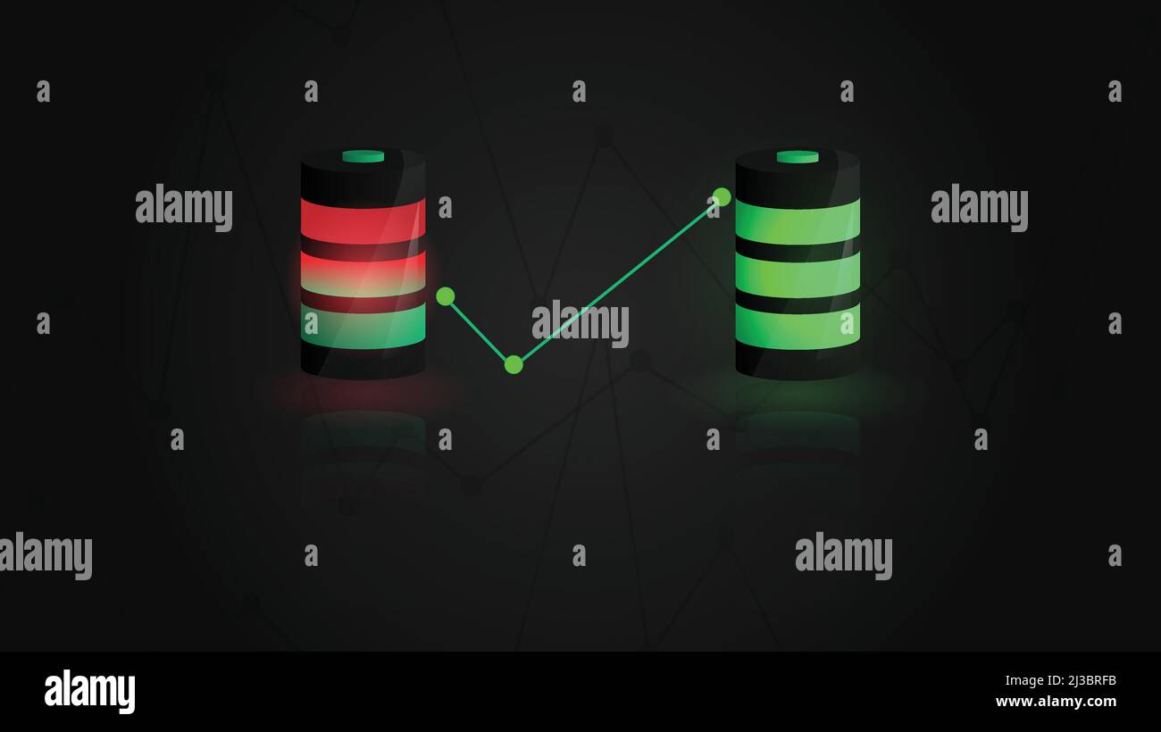 3d modello di batteria. Visualizzazione di una batteria scarica. Visualizzazione di una batteria carica. Illustrazione Vettoriale