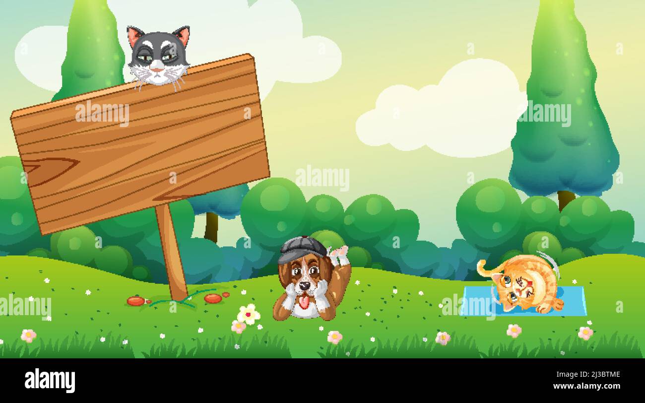 Set di animali domestici diversi in illustrazione parco naturale Illustrazione Vettoriale
