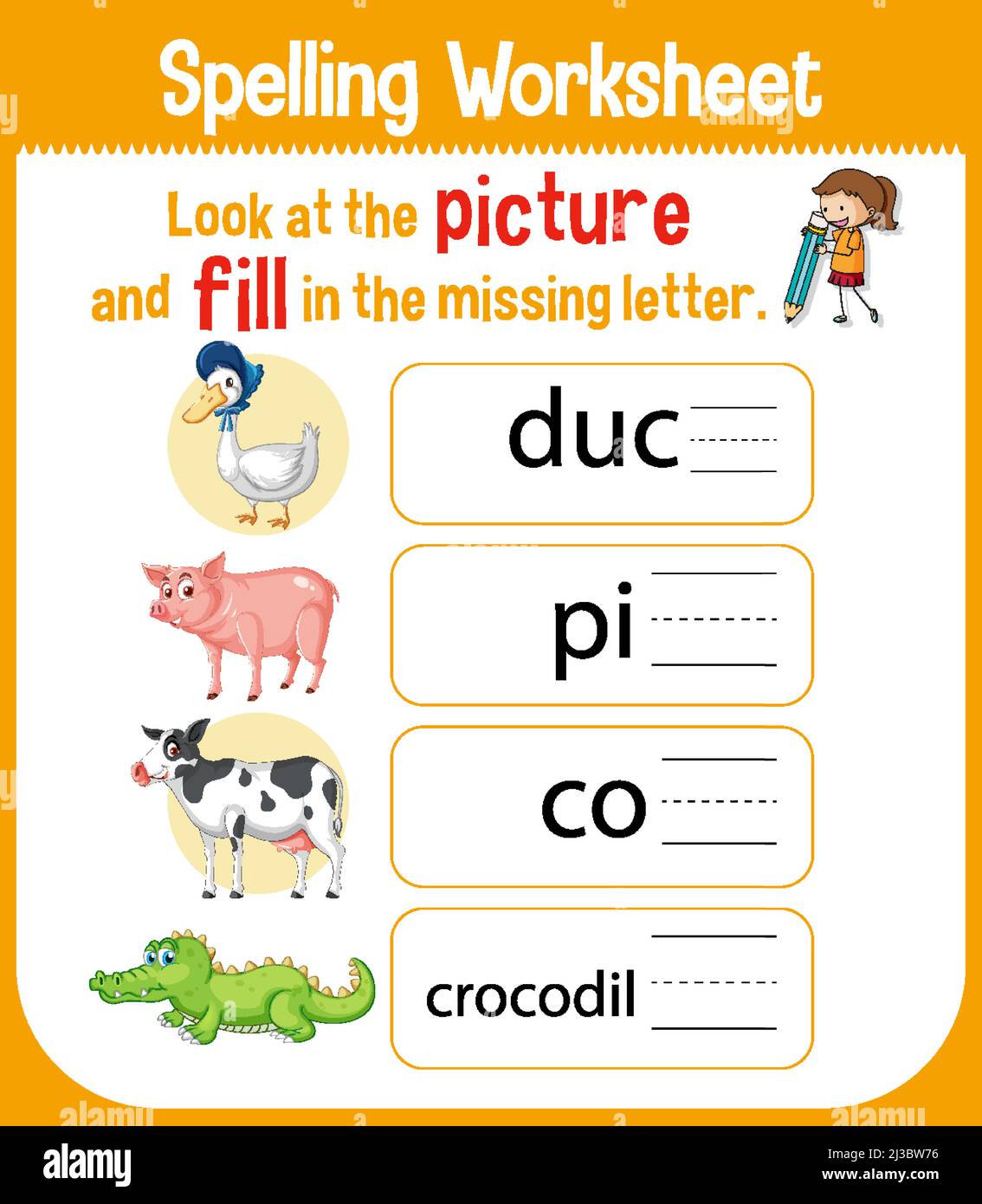 Disegno del foglio di lavoro per l'illustrazione di parole di ortografia Illustrazione Vettoriale