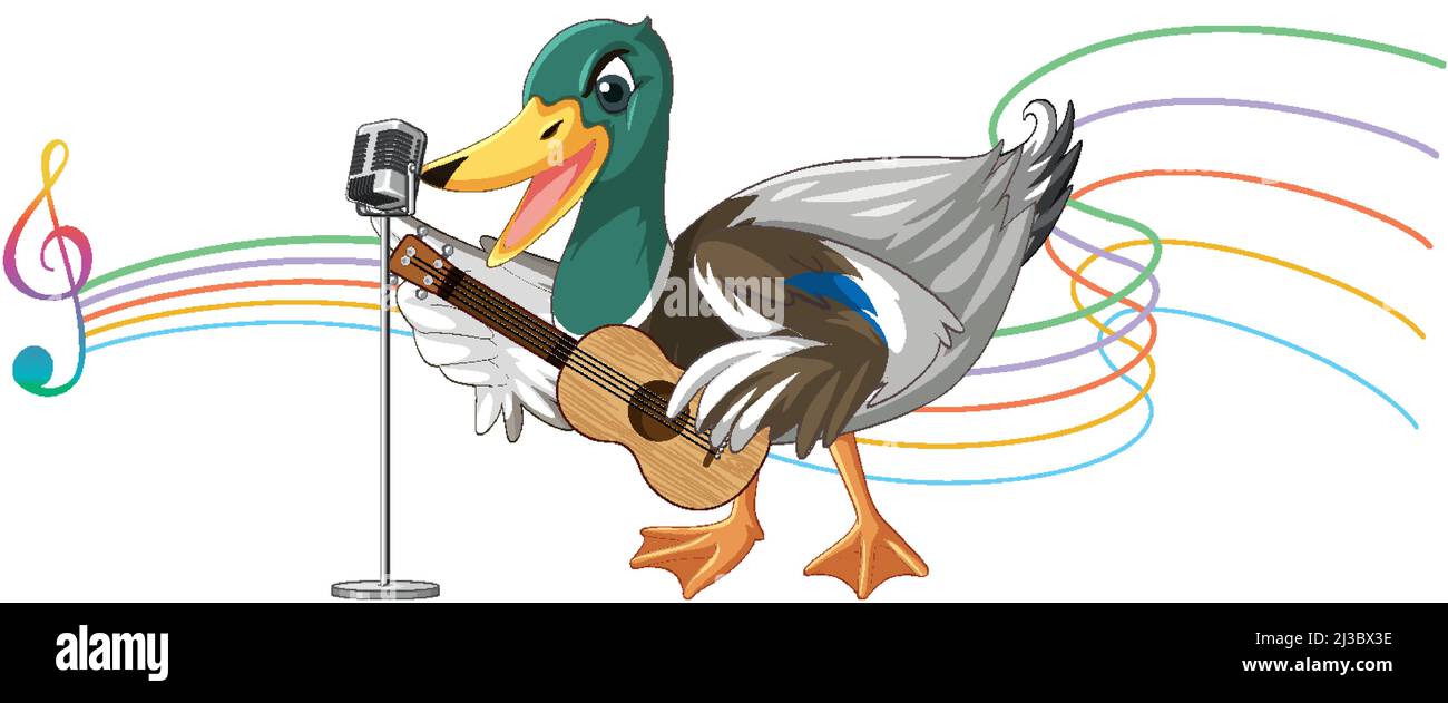 La chitarra anatra suona, ukulele con illustrazione di nota musicale Illustrazione Vettoriale