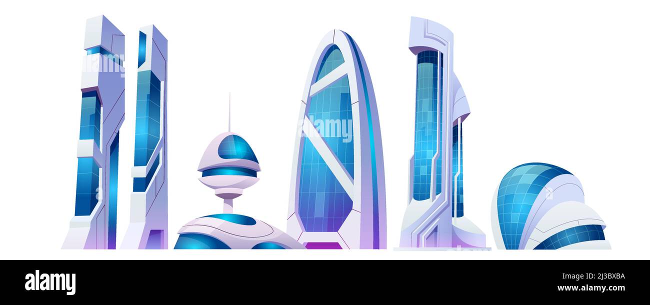 Città del futuro, edifici futuristici con facciata in vetro e forme insolite isolati su sfondo bianco. Torri e grattacieli di stile moderno. Illustrazione Vettoriale