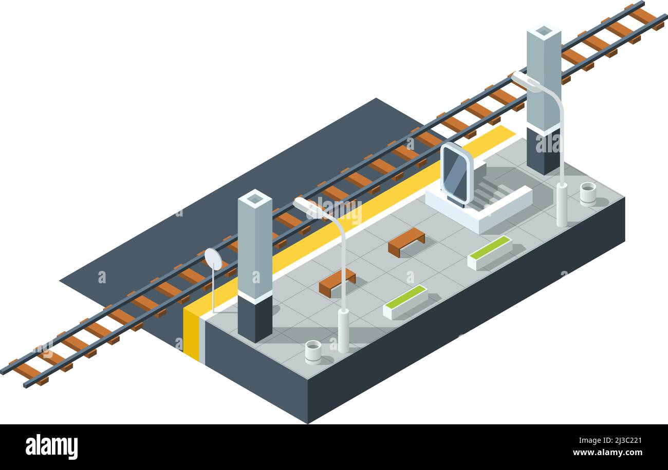 Stazione ferroviaria. Strada isometrica. Trasporto pubblico di passeggeri Illustrazione Vettoriale