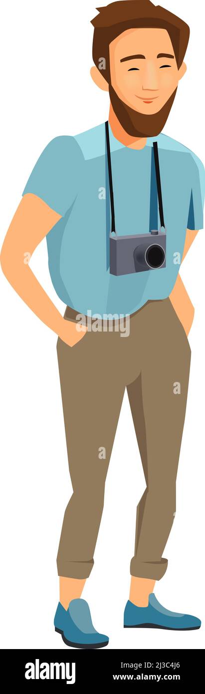 Uomo bearded con la fotocamera retrò. Hipster ragazzo in piedi Illustrazione Vettoriale