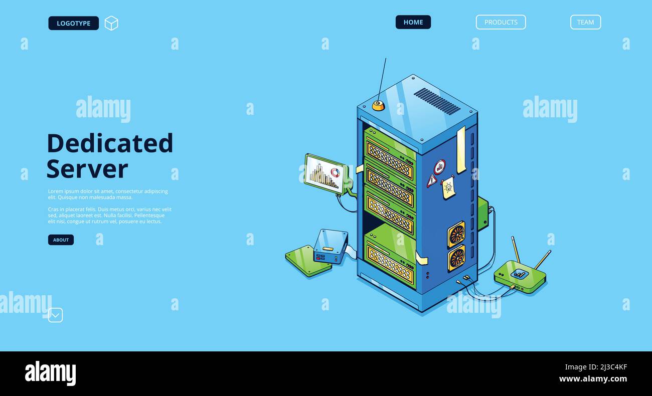 Landing page isometrica dedicata al server, apparecchiature di archiviazione dati per computer, database di memoria per pc, hardware. Dispositivo elettronico per web hosting, informazioni Illustrazione Vettoriale