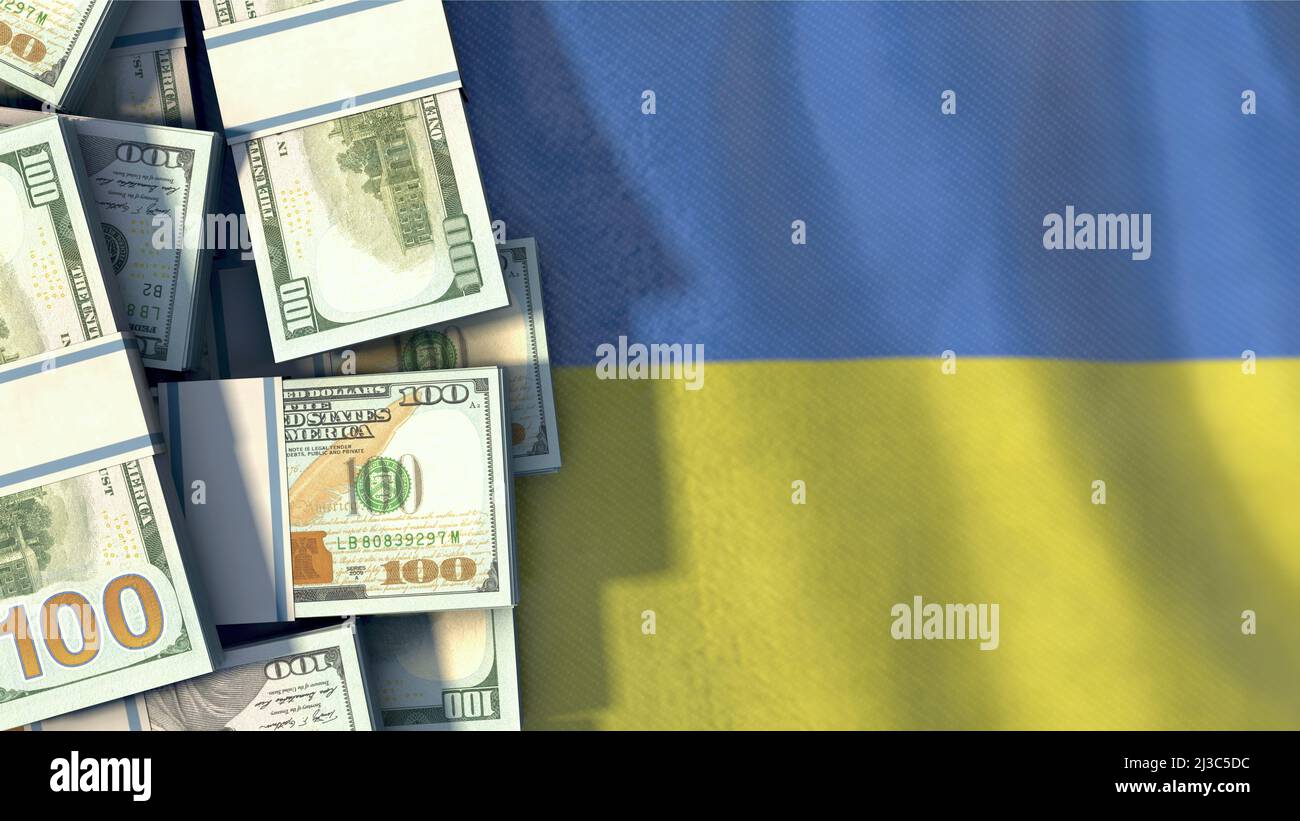 Dollaro US fattura sulla bandiera Ucraina - aiuto finanziario all'Ucraina Foto Stock
