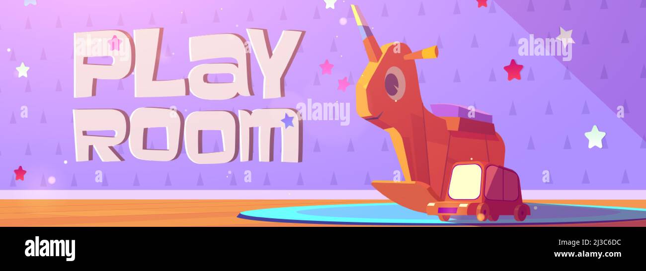 Sala giochi cartoon banner con bambini giocattoli in legno che oscillano unicorno e auto su cute sfondo carta da parati bambino. Invito a area bambini, asilo nido, muratori Illustrazione Vettoriale