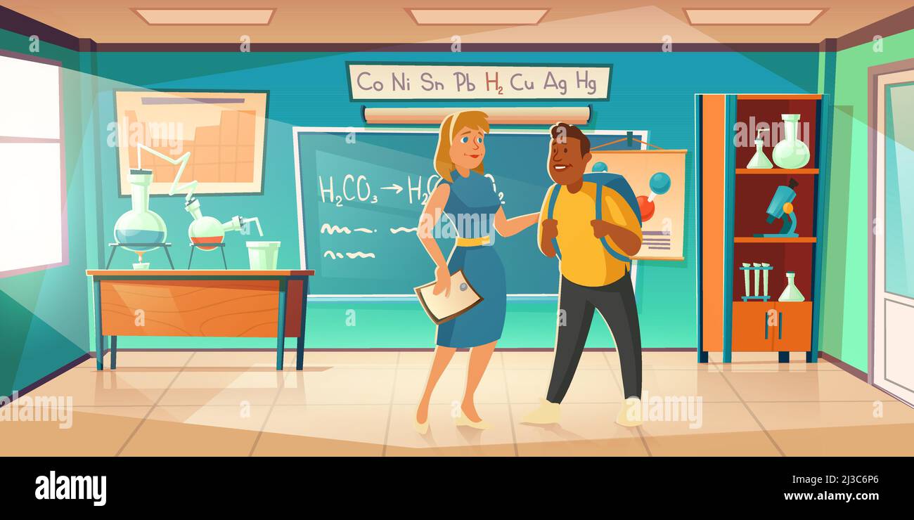 L'insegnante saluta lo studente in classe chimica. Illustrazione vettoriale di cartoni animati della classe scolastica interna con fiasche sulla scrivania, formula su lavagna, donna Illustrazione Vettoriale
