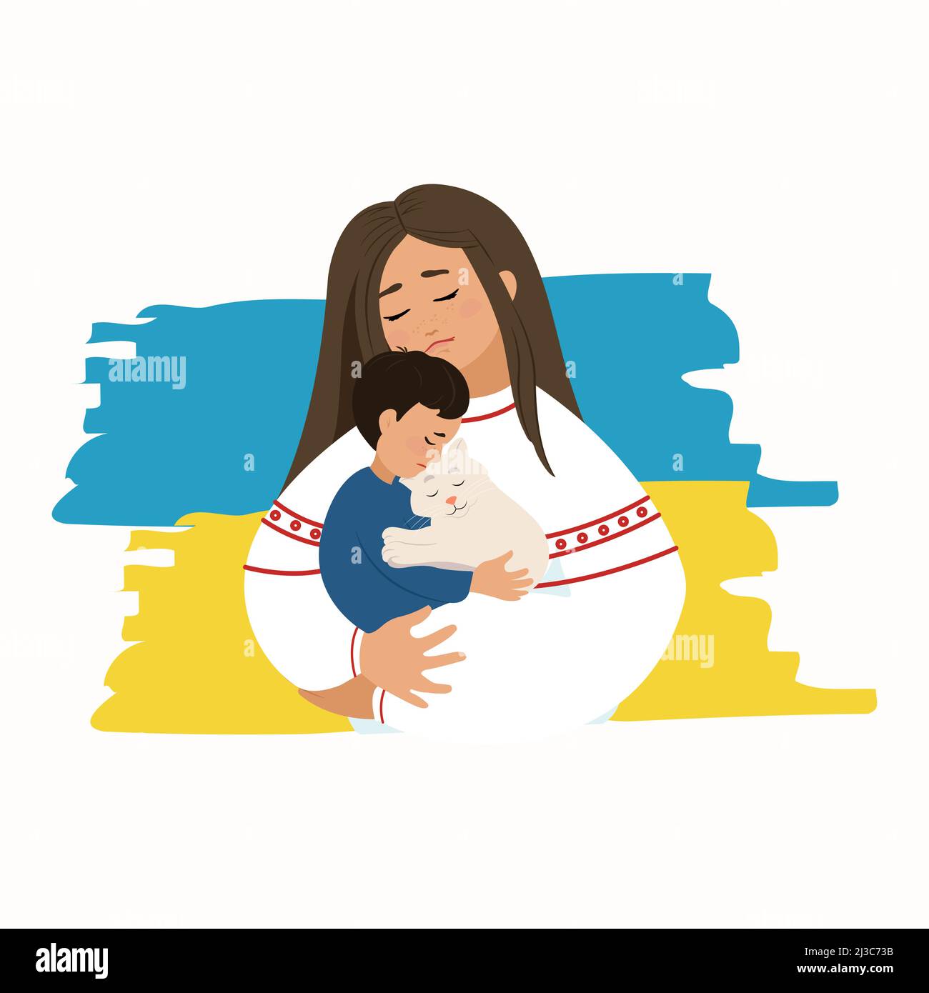 Donna triste che tiene un bambino e un gatto nelle sue braccia, illustrazione vettoriale. Mamma e bambino con animale domestico Illustrazione Vettoriale