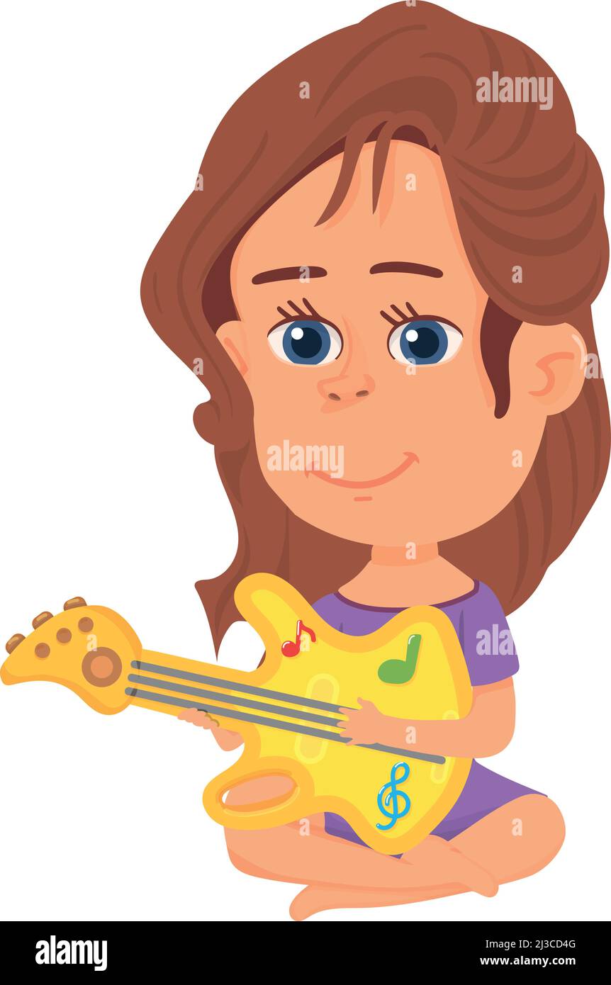 Ragazza che suona su chitarra bambino. Musicista di capretto del cartone animato Illustrazione Vettoriale