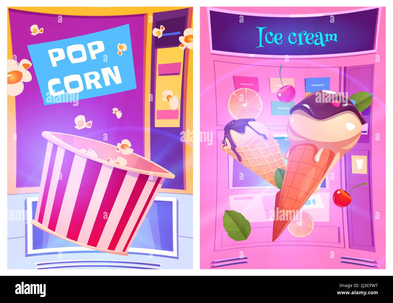 Pop corn e gelati snack presso distributori automatici cartoon ad poster. Negozio di dolci dolci, vendita al dettaglio di prodotti, stand automatizzati con slot Illustrazione Vettoriale