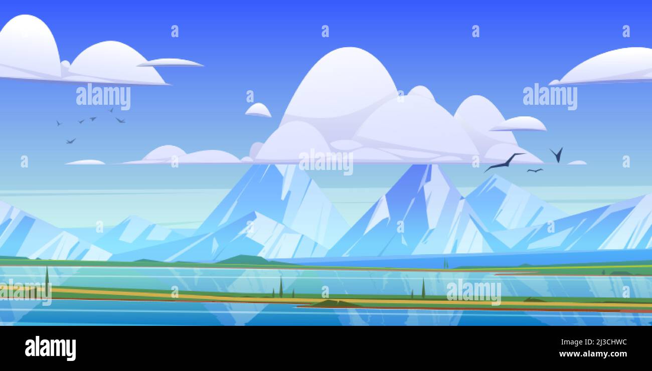 Valle di montagna con campo verde e fiume. Vettore cartoon illustrazione del paesaggio estivo con acqua blu di lago, erba, strada e rocce e cime w Illustrazione Vettoriale