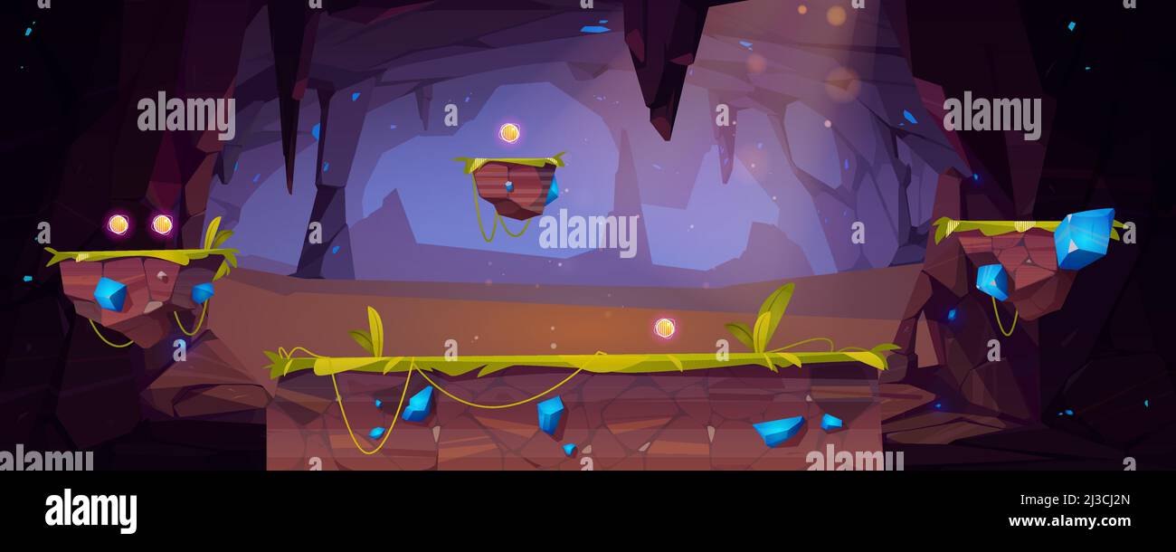 Piattaforma di gioco cartone animato grotta sotterranea, fantasy mondo paesaggio. design dell'interfaccia utente 2d per pc o dispositivi mobili. Tunnel scuro con stalattiti, elementi arcade jumping, Illustrazione Vettoriale