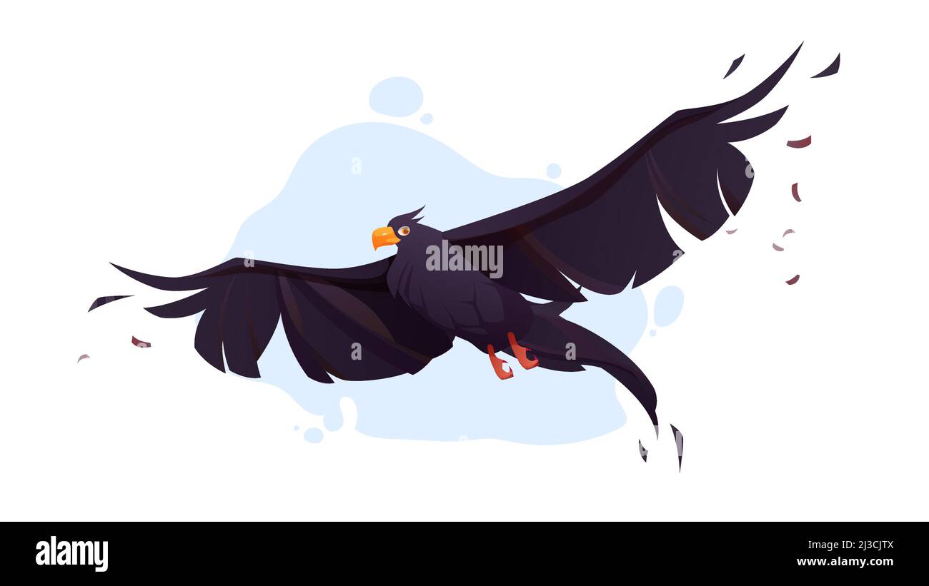 Corvo con ali nere vola nel cielo blu. Vettore cartoon illustrazione di volo selvaggio corvo, uccello con piume nere e becco arancione in volo isolato o Illustrazione Vettoriale
