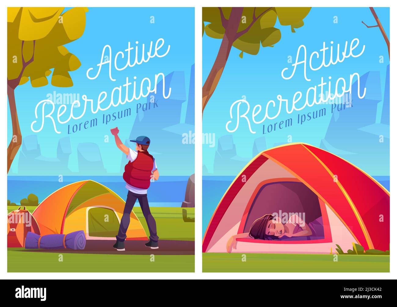 Animazione attiva cartoni animati manifesti, turisti a camping tende godendo vacanze tempo estate, viaggiatori sul paesaggio naturale con alberi e paesaggio di mare v Illustrazione Vettoriale
