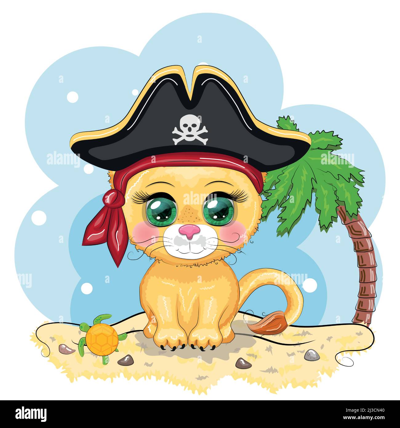 Pirata leone, personaggio cartoon del gioco, gatto animale selvatico in una bandana e un cappello nascosto con un cranio, con una patch occhio. Carattere con occhi luminosi Illustrazione Vettoriale