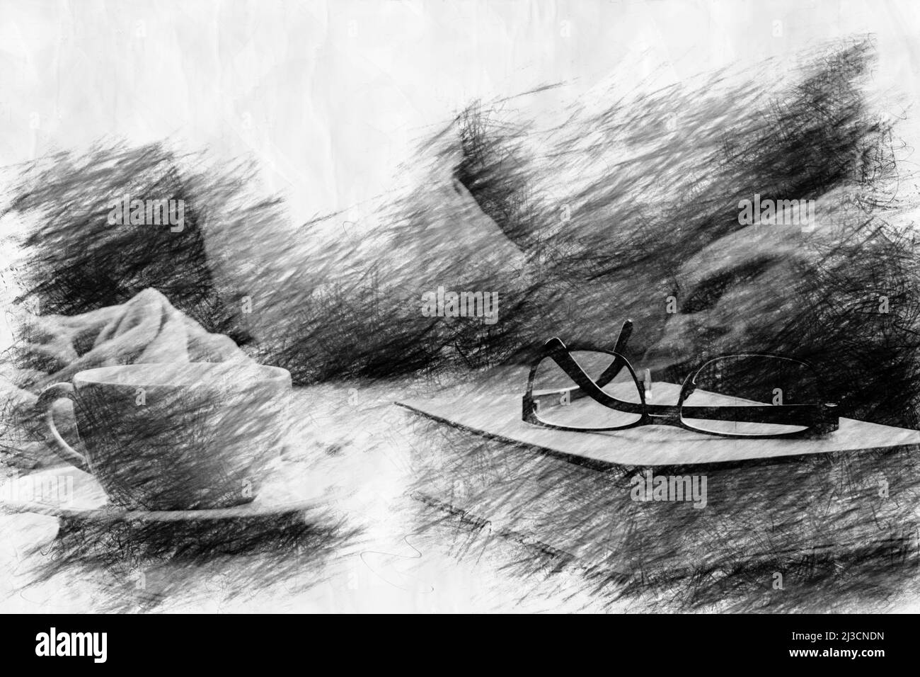 tazza e libro con occhiali sul tavolo in stile disegno a matita Foto Stock