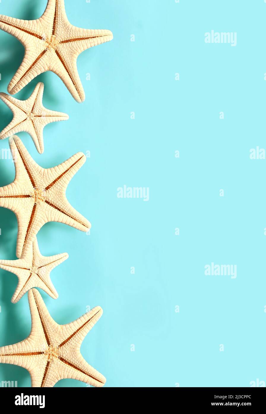Stelle marine su sfondo blu estivo. Sfondo estivo. Ora legale. Foto Stock