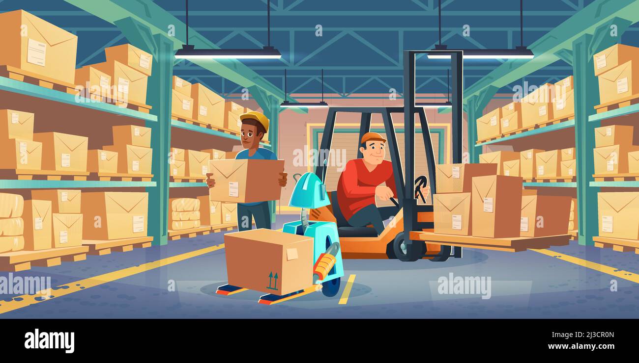 Magazzino con operatore in carrelli elevatori, uomo e robot che tengono scatole di cartone. Illustrazione vettoriale di cartoni animati di interni di magazzino con merci su metallo rac Illustrazione Vettoriale