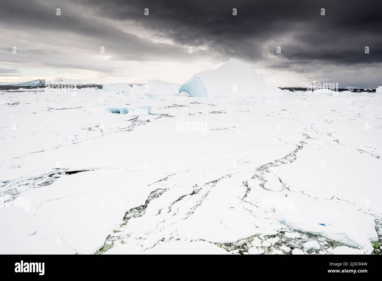 L'ingresso nord di uno stretto canale chiamato il gabbiolo è bloccato da ghiaccio marino e iceberg, fine estate, Antartide Foto Stock