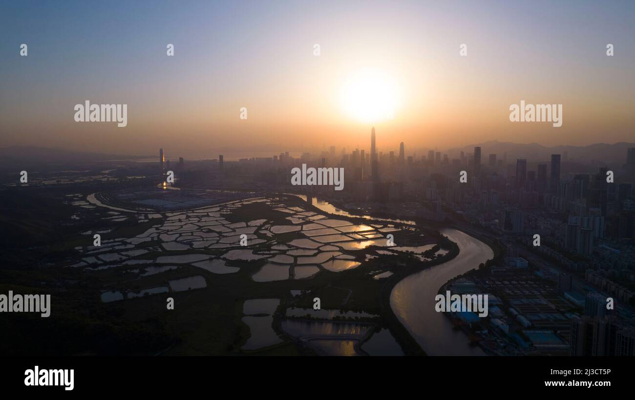 Vista dello skyline di Shenzhen dal confine della fattoria di pesce di Hong Kong Foto Stock