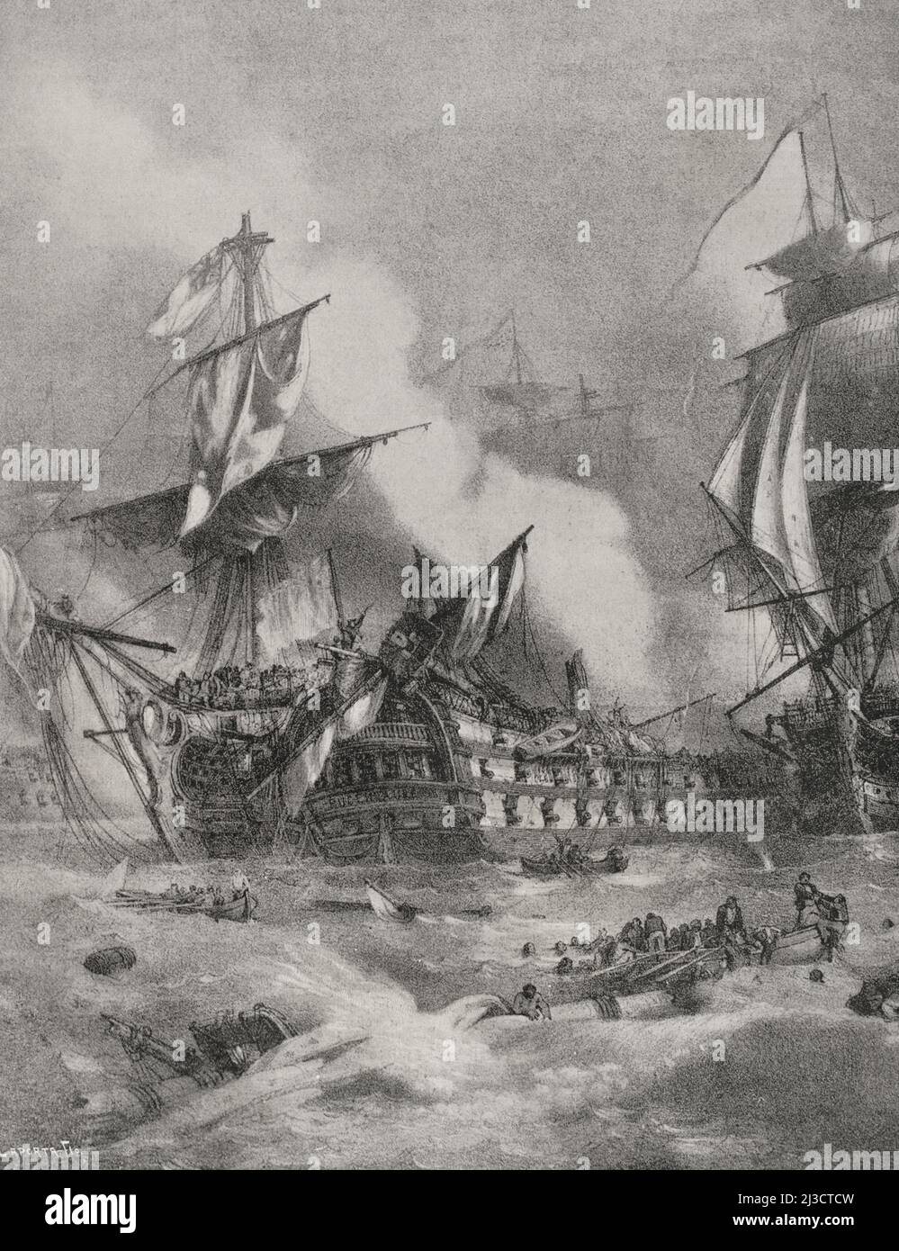 Battaglia di Trafalgar (21 ottobre 1805). Combattimento navale che ha affrontato la Spagna e la Francia contro la Gran Bretagna, sotto il comando del tenente generale Gravina (Spagna), dell'ammiraglio Villeneuve (Francia) e del vice ammiraglio Nelson (Gran Bretagna). Guerra anglo-spagnola (1804-1809). Terza Coalizione. Illustrazione di Vallejo. Incisione di Laporta. La Ilustración Española y americana, 1898. Foto Stock