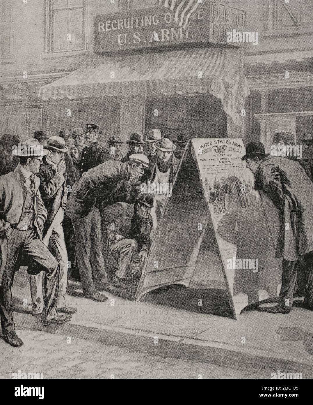 Guerra spagnolo-americana. Conflitto militare tra Spagna e Stati Uniti nel 1898, dopo l'intervento degli Stati Uniti nella guerra d'indipendenza cubana. Stati Uniti. I preparativi di guerra dopo l'insufflazione del 'mine'. Ufficio di reclutamento a New York per mezzo di poster illustrati con vignette. Fotoincisione. La Ilustración Española y americana, 1898. Foto Stock