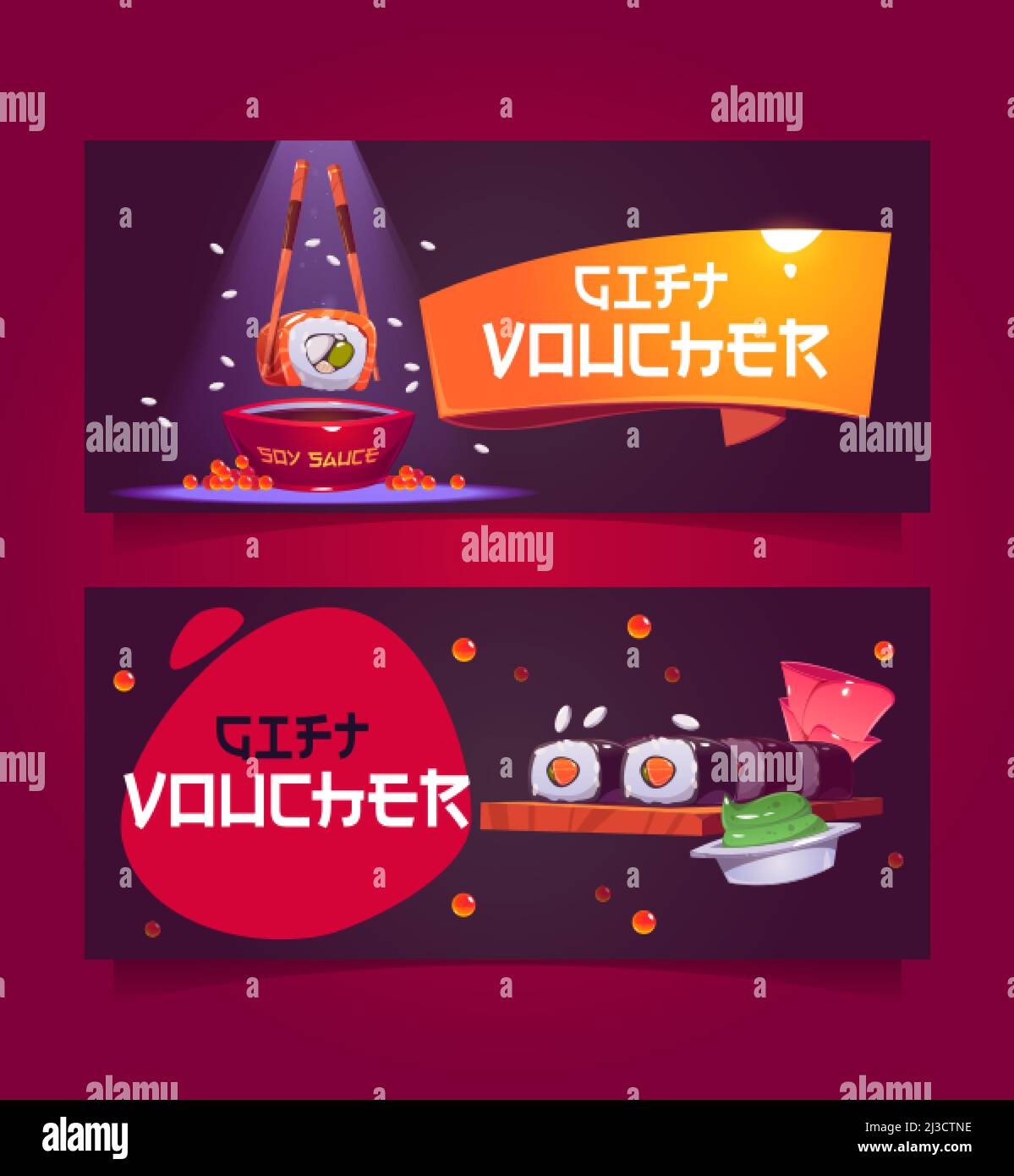 Modello di voucher regalo con illustrazione di sushi. Buono vettore per ristorante giapponese con cartoon tradizionale asiatico, panini di riso con pesce, soia sa Illustrazione Vettoriale