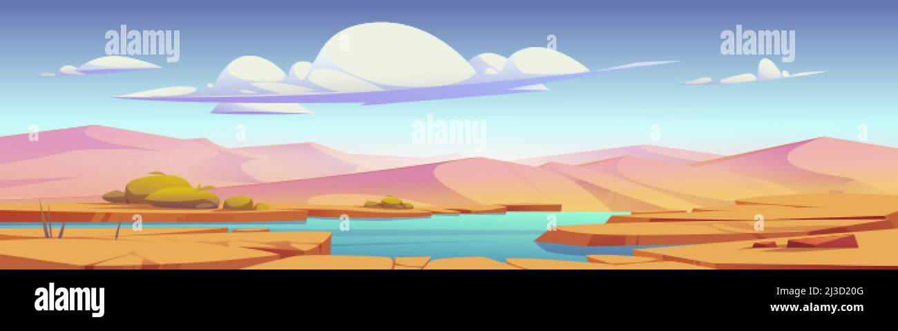 Paesaggio desertico con oasi e dune di sabbia. Illustrazione vettoriale di un deserto tropicale caldo con lago o fiume, terreno asciutto e incrinato e cespugli verdi Illustrazione Vettoriale