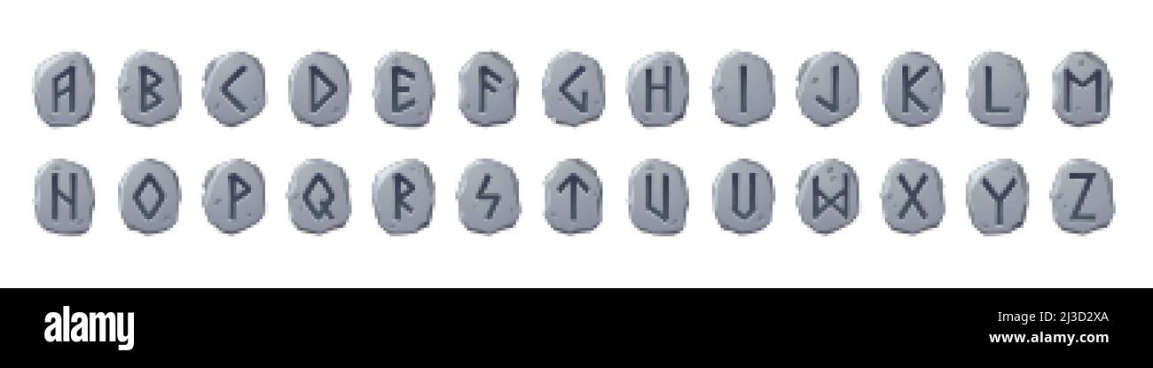 Alfabeto vichingo rune, carattere celtico con antichi segni runici su pezzi di pietra grigia. ABC lettere scandinave stile nordico, simboli tipo futark, gioco o. Illustrazione Vettoriale